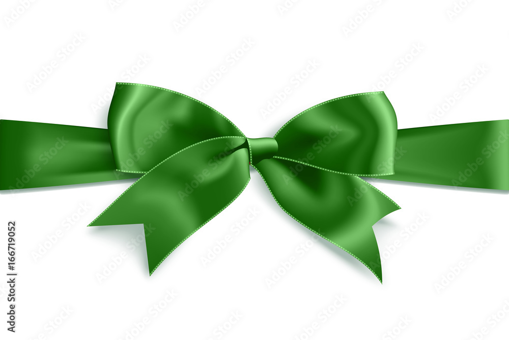 Realistic satin green bow knot on ribbon. Vector illustration icon isolated on white. - obrazy, fototapety, plakaty 
