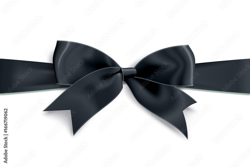 Realistic satin black bow knot on ribbon. Vector illustration icon isolated on white. Realistic satin black bow knot on ribbon. Vector illustration icon isolated on white.