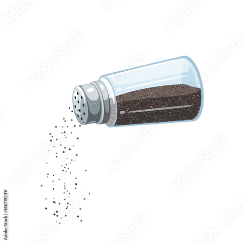 Transparent pepper shaker with metal lid, pouring ground pepper. Vector illustration cartoon flat icon isolated on white.