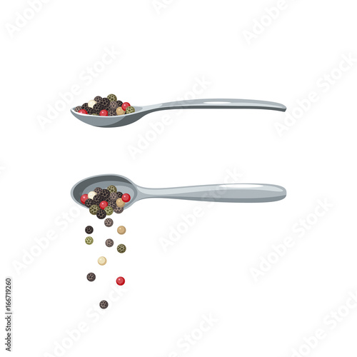 Cartoon metal spoon pouring peppercorns. Spoon with pepper isolated on white. Vector illustration, flat icon.