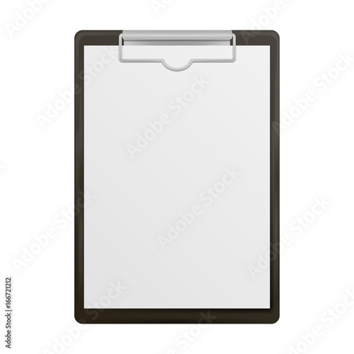 Black clipboard with blank white sheet attached on white background. Vector illustration.