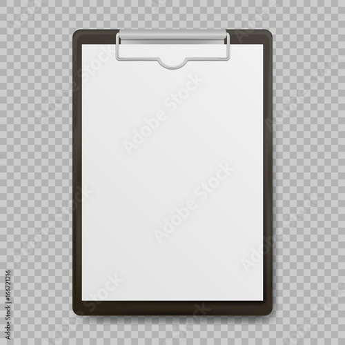 Black clipboard with blank white sheet attached on transparent background. Vector illustration. photo