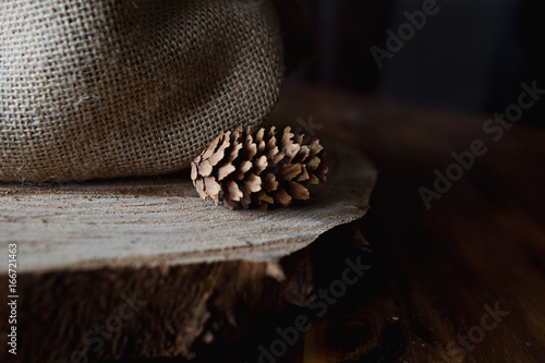 pinecone sits on wood disc by burlap fabric