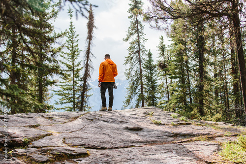 A man standing at the edge of a cliff in the middle of the forest photo
