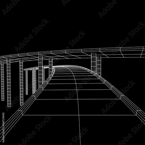 Wireframe Mesh Bridge Highway Crossing. Connection Structure. Digital Data Visualization Concept. Vector Illustration.