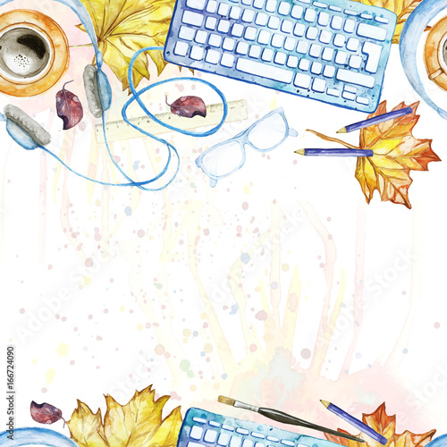 Seamless background pattern of objects painted watercolor office equipment, tools, worktable, yellow leaves, maple leaf, on a theme September 1, study, knowledge, on a white background top view with a