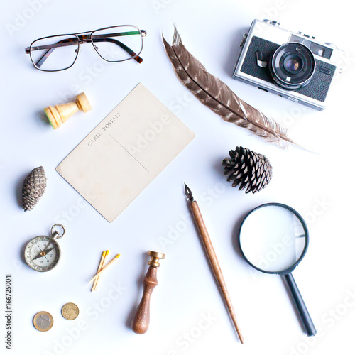 Vintage study items in a flat lay composition