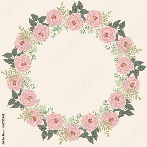 Floral round frame from cute flowers. Vector greeting card template. Design artwork for the poster, tee shirt, pillow, home decor. Summer flowers with green leaves.