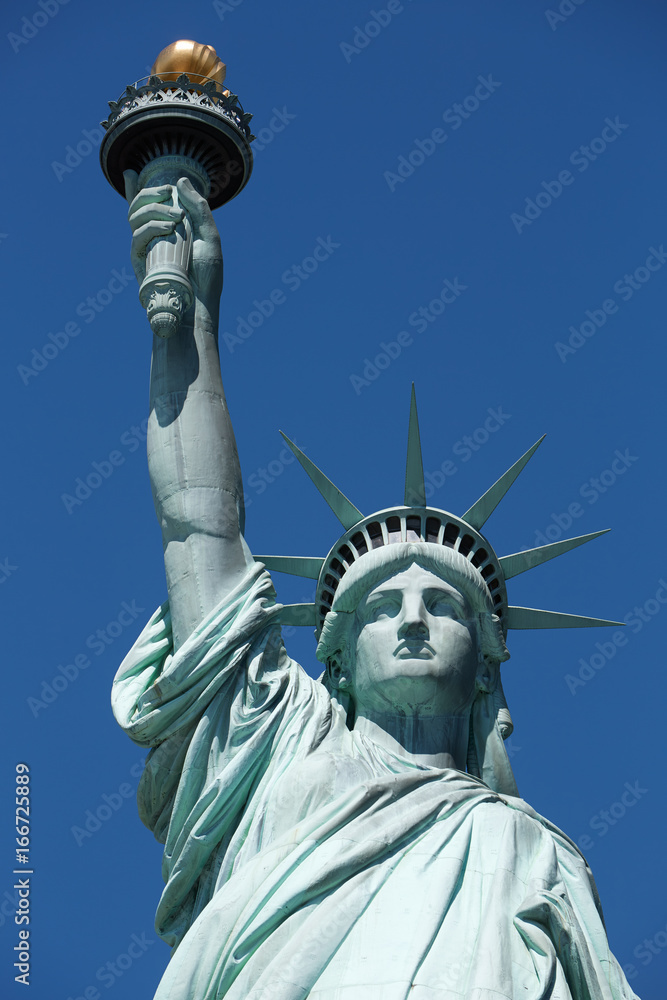Fototapeta premium Statue of Liberty close up in a sunny day, blue sky in New York
