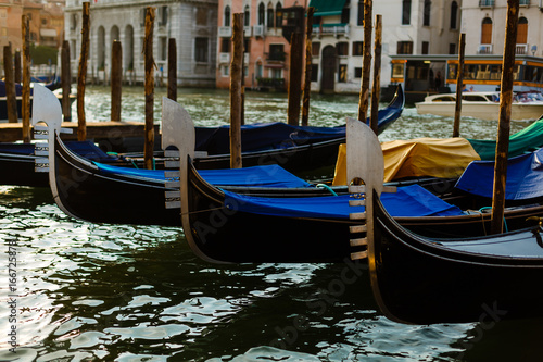 Gondolas on Grand Canal and San Giorgio Maggiore church in Venice