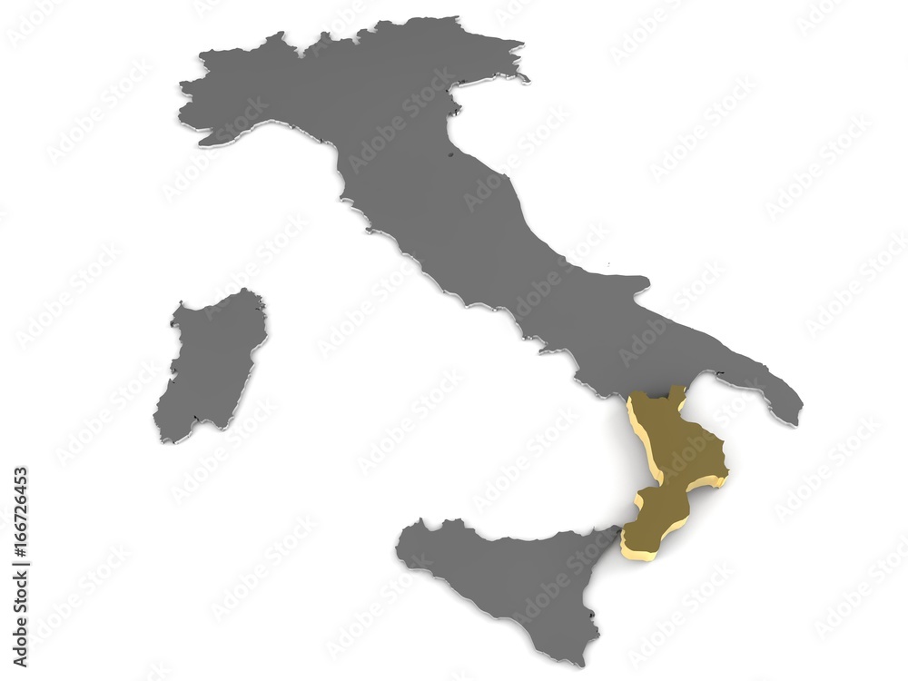 Italy 3d metallic map, whith calabria region highlighted 3d render