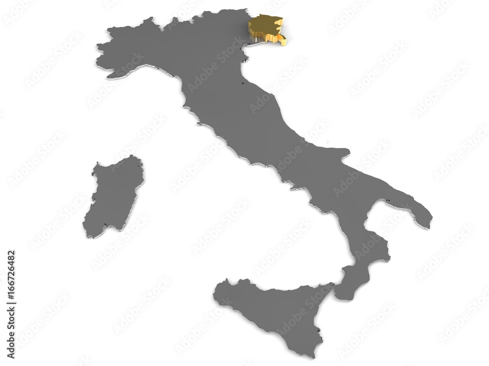 Italy 3d metallic map, whith friuli venezia,giulia region highlighted 3d render