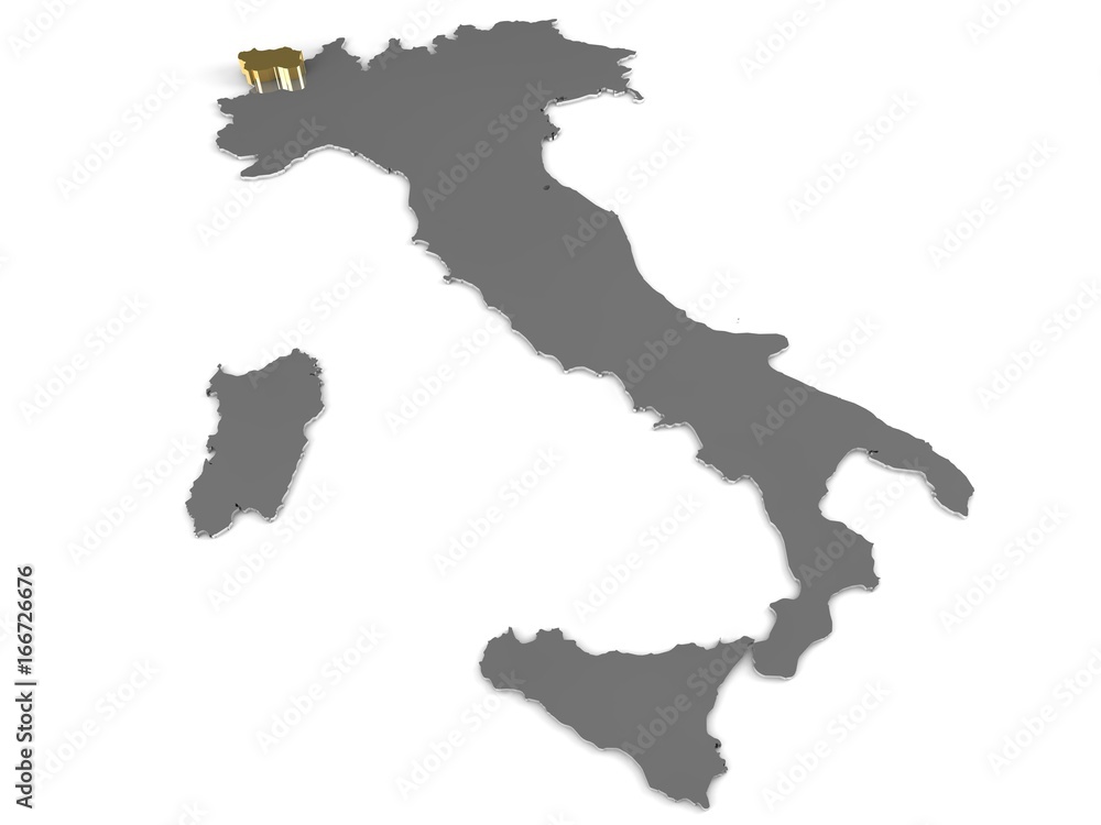 Italy 3d metallic map, whith valle aosta region highlighted 3d render