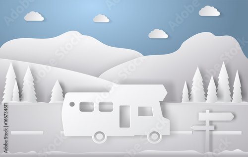 Summer camping paper cut style. Concept with car, road, track. Vector illustration