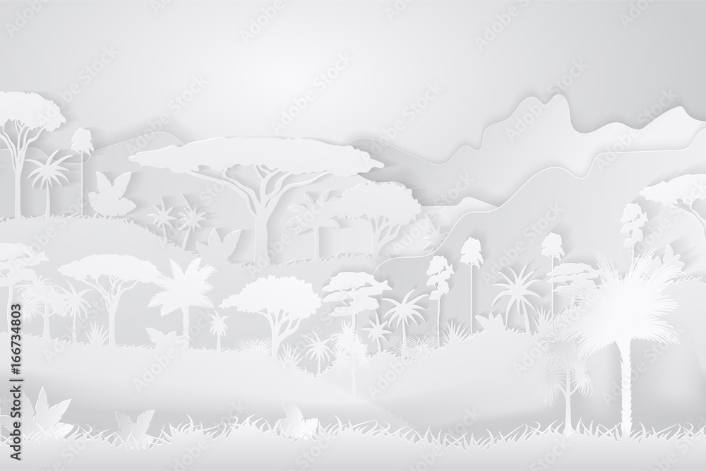 Obraz premium Świat wycinanek z papieru. Koncepcja dżungli tropikalnych lasów deszczowych. Ilustracji wektorowych