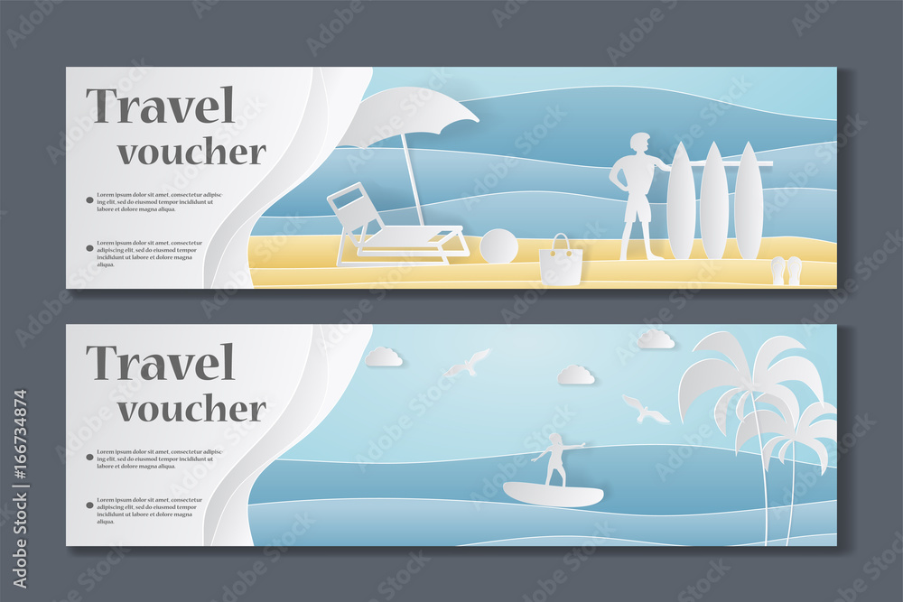 Gift Voucher template. Paper Crafted Cutout World. Concept of summer time, surf board and sea or ocean. Vector illustration