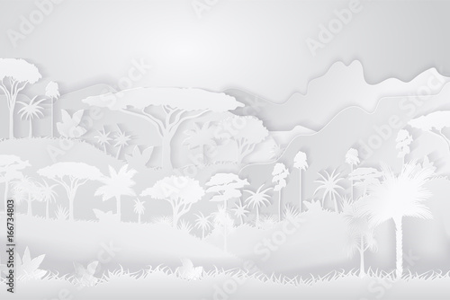 Paper Crafted Cutout World. Concept of tropical rainforest Jungle. Vector illustration