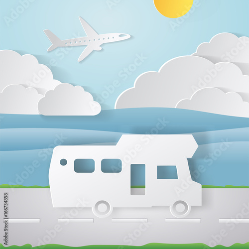 Paper Crafted Cutout World. Concept of summer time, surf board and sea or ocean. Vector illustration