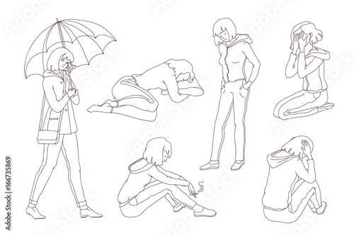 Vector isolated set sketch illustration sad girl teen. Young woman in depression crying, pining and sadly smoke. Unhappy in bad mood walking with umbrella under the rain. Outline drawing graphic art