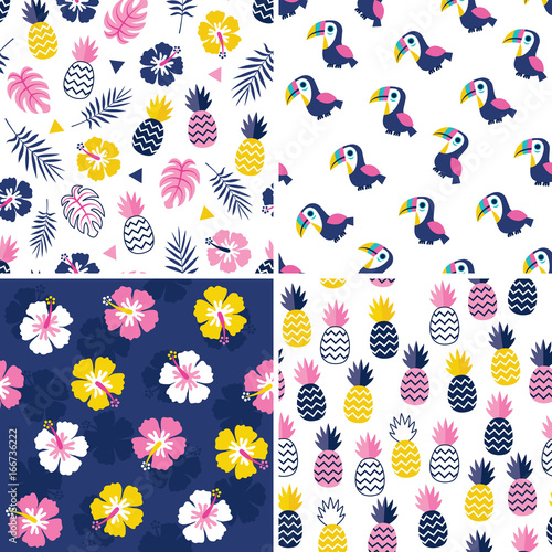 Set of cute seamless vector patterns with tropical leaves, pineapples, flowers and toucan birds in pink, yellow and navy blue. For greeting cards, gift wrapping paper, textiles and wallpapers.