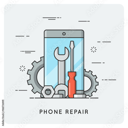 Phone repair. Flat thin line concept. Vector illustration.