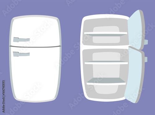 Fridge in cartoon style. Open and closed refrigerator. Vector illustration.