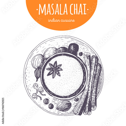 Masala chai top view vector illustration. Indian cuisine. Linear graphic.