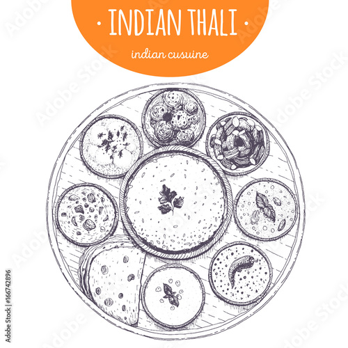 Indian thali top view vector illustration. Indian cuisine. Linear graphic.