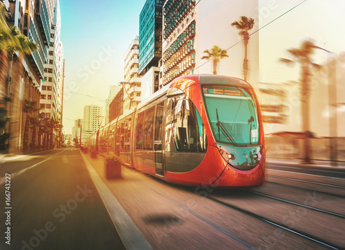 Obraz na plátně view of a moving tram in Casablanca - Morocco