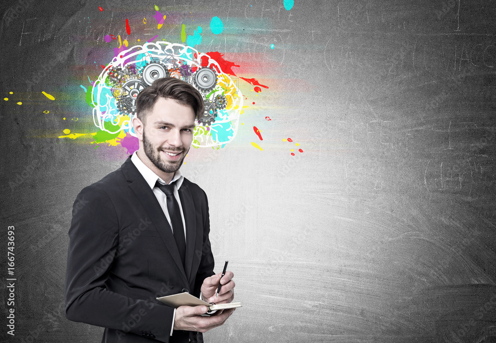 Smiling bearded businessman, brain and cogs Smiling bearded businessman, brain and cogs