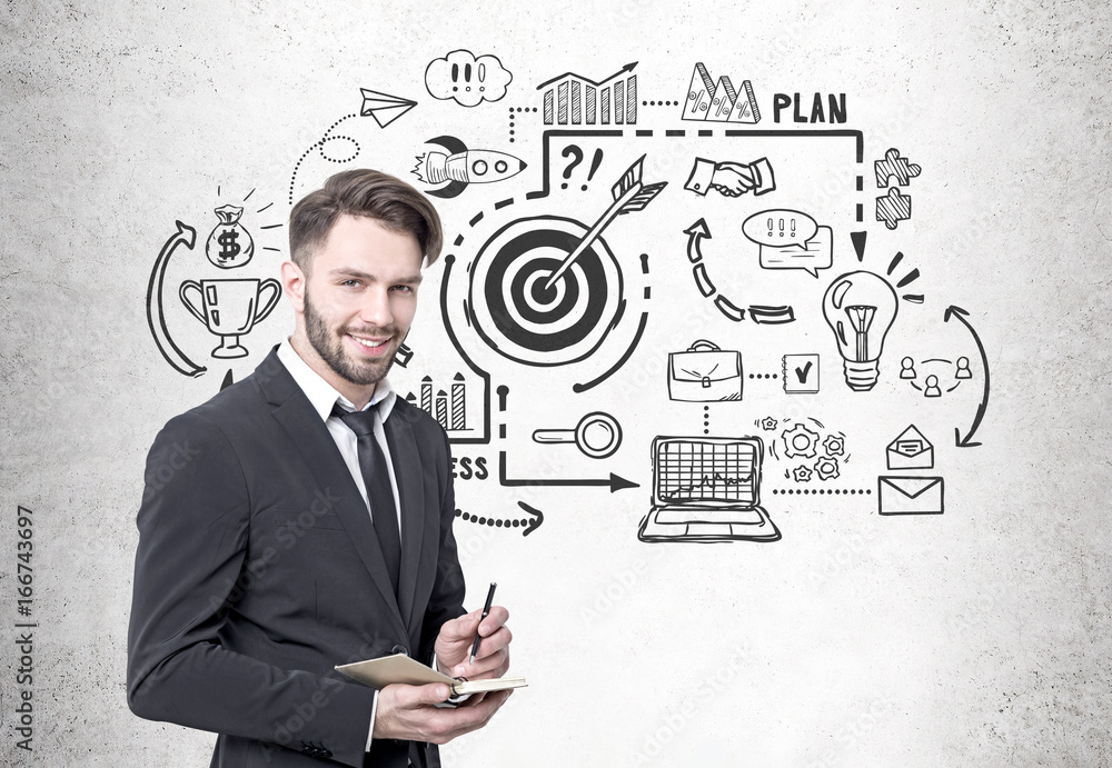 Smiling bearded businessman, business goal Smiling bearded businessman, business goal