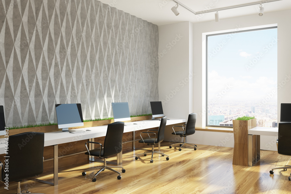 Fototapeta premium Gray diamond wall pattern open office, corner