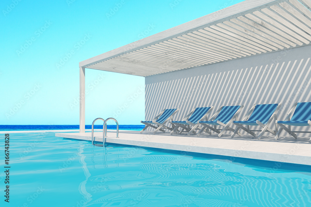 Naklejka premium Swimming pool with blue deck chairs, ocean