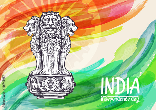 Lion capital of ashoka in indian flag color emblem of india watercolor texture backdrop.  Vector illustration created with custom brushes, not auto-tracing.