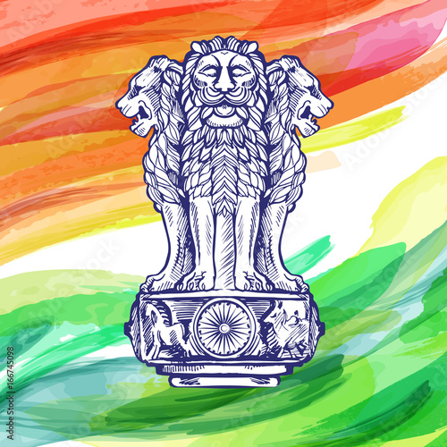Lion capital of ashoka in indian flag color emblem of india watercolor texture backdrop.  Vector illustration created with custom brushes, not auto-tracing.