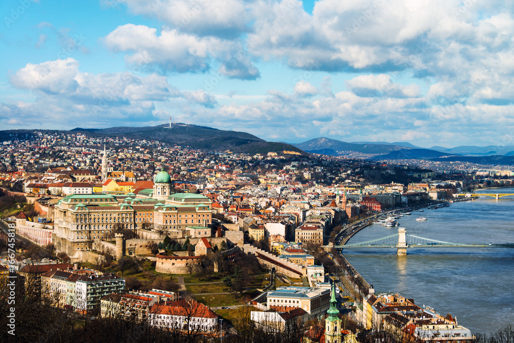 Obraz premium Aerial view of Budapest, Hungary with clouds