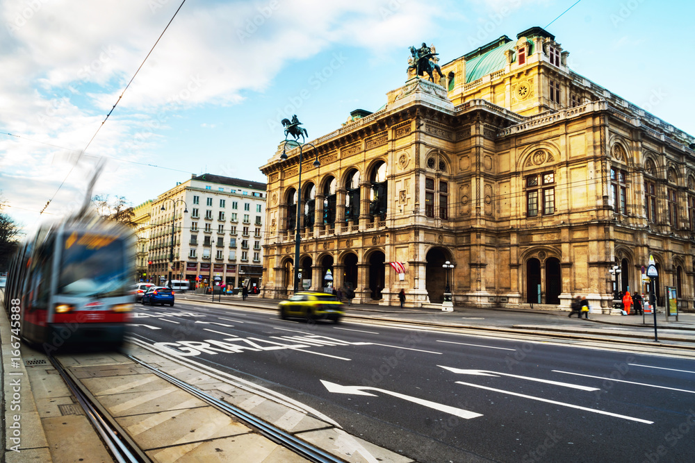 Opera house in Vienna, Austria at with traffic