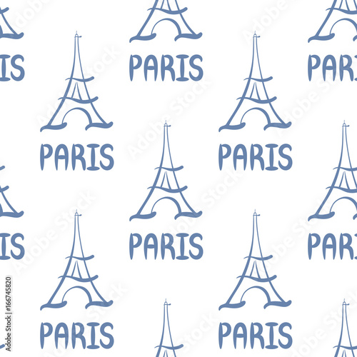  Background for Valentines day, wedding invitation. Seamless pattern with hand drawn Paris lettering, Eiffel Tower. Design for greeting card, scrapbook