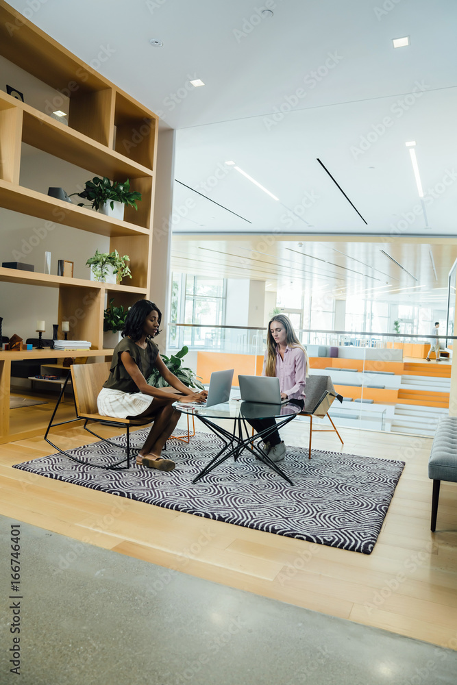 Female business professionals meeting in modern office space