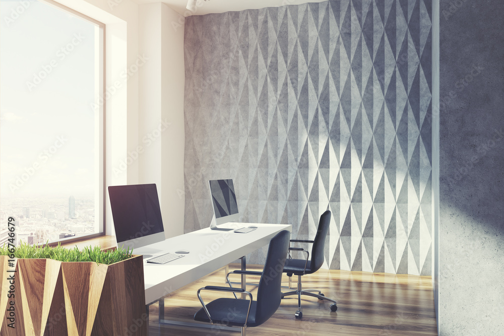 Fototapeta premium Gray diamond wall pattern open office, toned