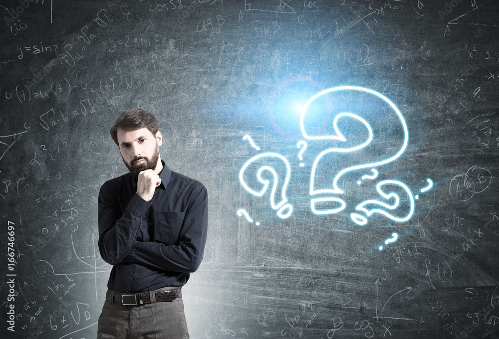 Confident bearded businessman, questions Confident bearded businessman, questions