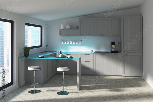 Futuristic kitchen with a bar, blue