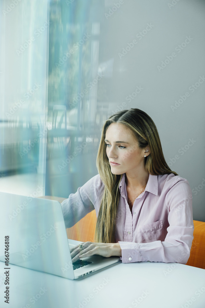Business woman working on laptop computer in modern office space Business woman working on laptop computer in modern office space