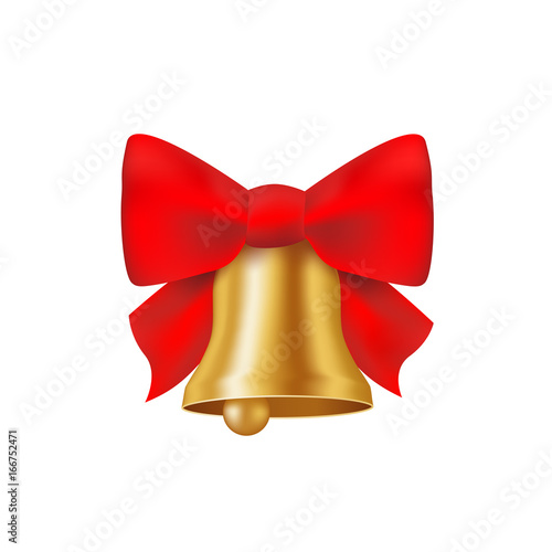 Gold Christmas jingle bell with red bow. Vector illustration