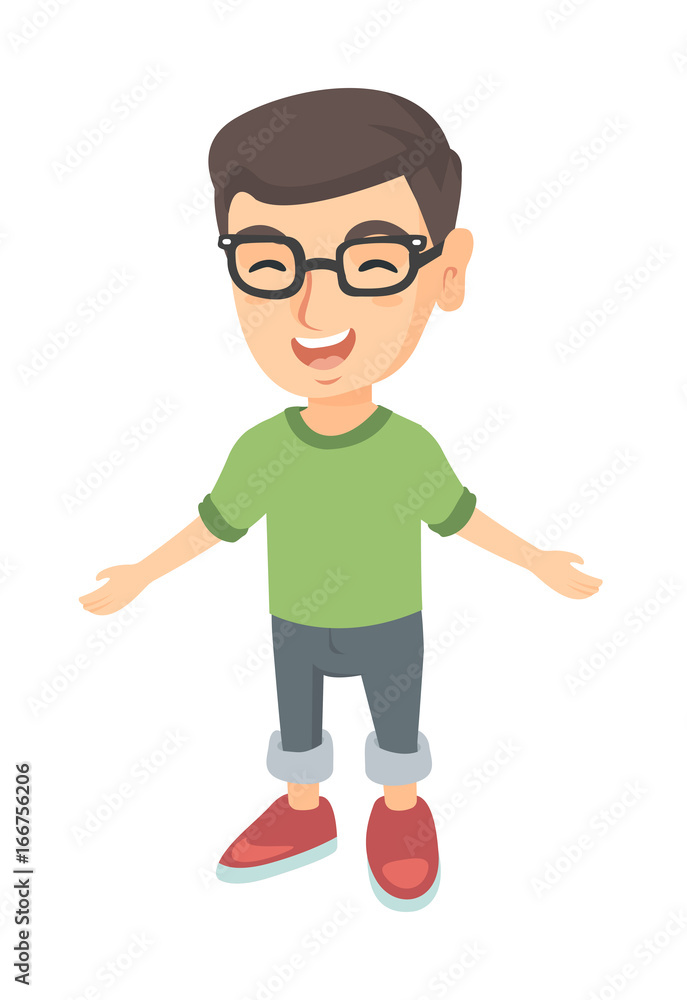 Caucasian cheerful boy in glasses laughing. Happy little boy laughing with outstretched arms. Vector sketch cartoon illustration isolated on white background.