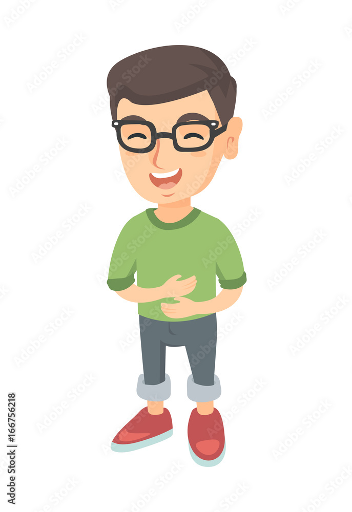 Caucasian cheerful boy in glasses laugh hysterically. Happy little boy laughing with closed eyes. Vector sketch cartoon illustration isolated on white background.