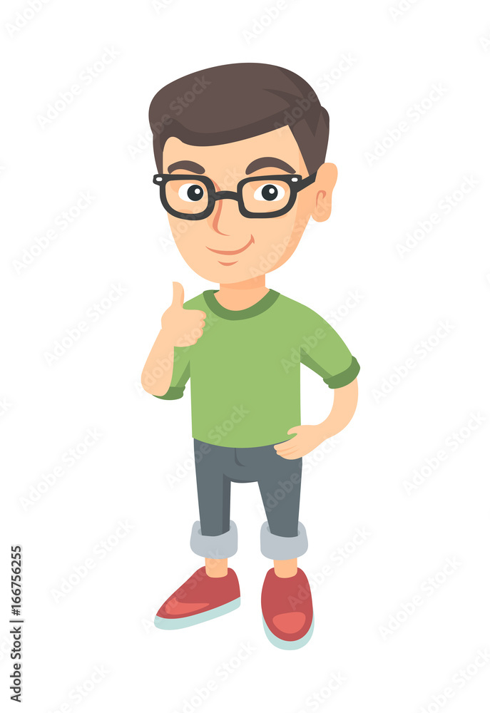Caucasian little boy giving thumb up. Full length of smiling boy in glasses with thumb up. Cheerful boy showing thumb up. Vector sketch cartoon illustration isolated on white background.
