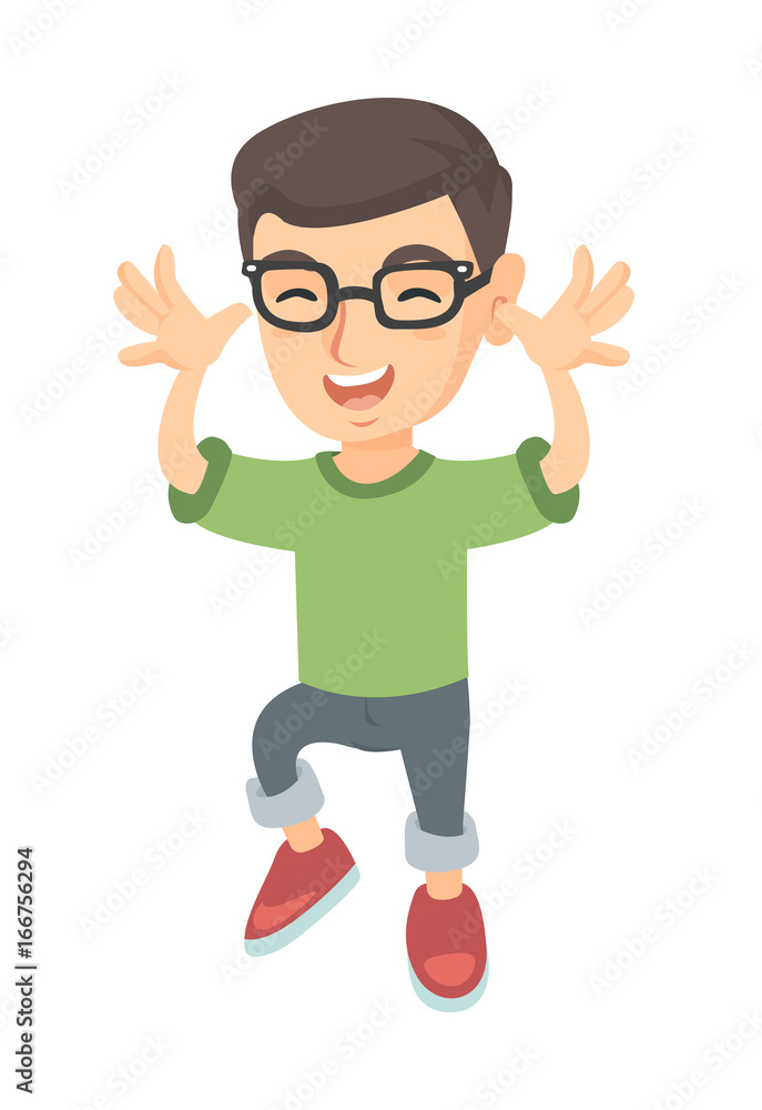 Funny caucasian boy in glasses making a grimace and playing with his hands. Happy little boy teasing with hands. Vector sketch cartoon illustration isolated on white background.
