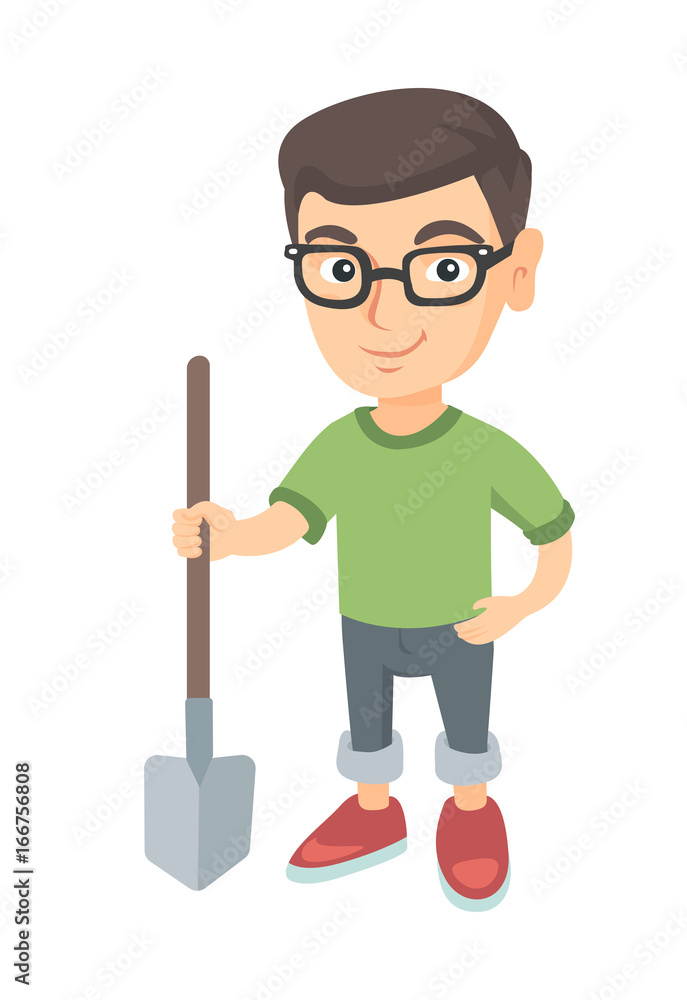 Caucasian smiling boy in glasses holding a shovel. Full length of little boy farmer in jeans standing with a shovel. Vector sketch cartoon illustration isolated on white background. Caucasian smiling boy in glasses holding a shovel. Full length of little boy farmer in jeans standing with a shovel. Vector sketch cartoon illustration isolated on white background.