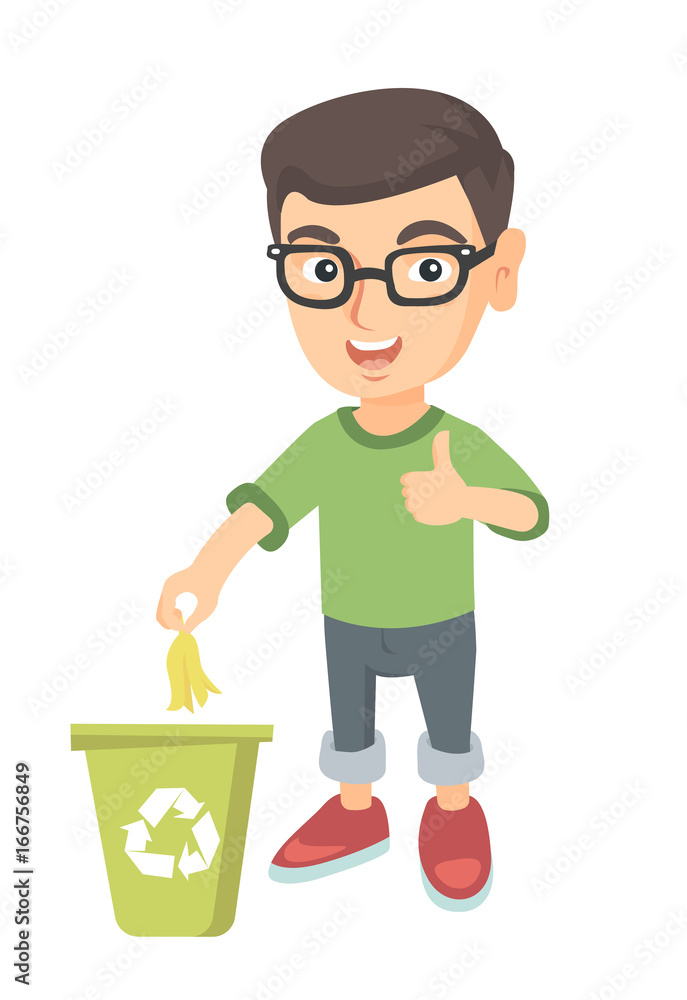Caucasian boy throwing banana peel in recycling bin. Boy putting banana peel in trash bin with recycling sign and giving thumb up. Vector sketch cartoon illustration isolated on white background. Caucasian boy throwing banana peel in recycling bin. Boy putting banana peel in trash bin with recycling sign and giving thumb up. Vector sketch cartoon illustration isolated on white background.